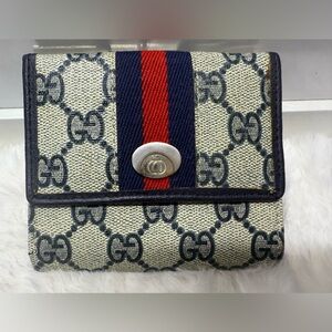 Navy GG Canvas Monogram Wallet with Navy and Red Web Stripe